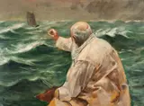 Christian Krohg, Selvportrett, maler på et marinebilde