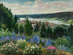 Alf Lundeby, Fra kunstnerens hage, utsyn over Lillehammer, 1926, Olje på lerret