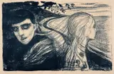Edvard Munch, Løsrivelse II, Litografi trykket i blått på tynt japanpapir, doublert på tynt gulhvitt papir