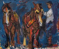 Erling Enger, Mann og to hester, 1943, Olje på huntonittplate