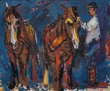 Erling Enger, Mann og to hester, 1943, Olje på huntonittplate