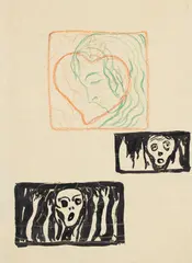 Edvard Munch, a) Kvinnehode og hjerte b) Ansikt i flammer c) Ansikt og flammelignede hender, Pensel, blyant og fargestift i flere farger på blågrått, tykt papir