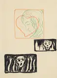 Edvard Munch, a) Kvinnehode og hjerte b) Ansikt i flammer c) Ansikt og flammelignede hender, Pensel, blyant og fargestift i flere farger på blågrått, tykt papir