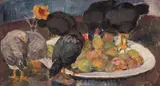 Bernhard Folkestad, Høner og fruktfat, 1907, Olje på lerret