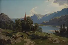 Carl Schøyen, Lom stavkirke ved Ottaelven, 1873, Olje på lerret