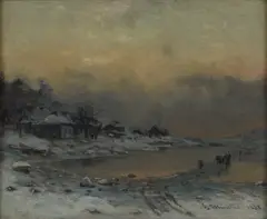 Gerhard Munthe, Kjøring på isen, 1883, Olje på mahogniplate