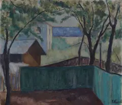 Gjerde og hus by Ragnhild Kaarbø, Olje på lerret, sold Dec 2019