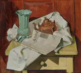 Else Hagen, Norsk stilleben med Arbeiderbladet, 1948, Olje på plate