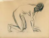 Ludvig Karsten, Knelende akt, 1914, Fettstift på beige papir, oppklebet på papp