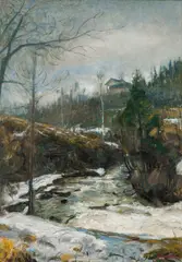Hans Heyerdahl, Elvelandskap med hus, 1908, Olje på lerret