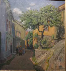 Wilhelm Wetlesen, Småbygate, Kragerø, 1917, Olje på lerret