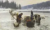 Jahn Ekenæs, Klesvask på islagt vann, 1891, Olje på lerret