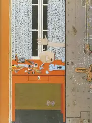 Leonard Rickhard, Modellflybygger i affekt, 1986-87, Olje og collage på lerret