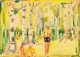 Edvard Munch, Bjerkeskog med figurer, Akvarell på tykt gulhvitt papir