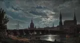 Dresden i måneskinn by Johan Christian Angivelig & Attributed to Dahl, Olje på lerret, sold May 2019