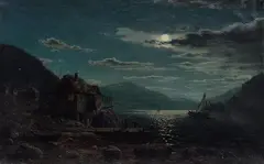 Kystlandskap med folkeliv, måneskinn by Amaldus Nielsen, 1867, Olje på lerret, sold May 2019