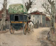 Frits Thaulow, To hester og vogn i landsbygate, Olje på lerret