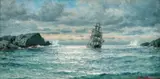 Lauritz Haaland, Seilskute ved klippekyst, 1927, Olje på lerret