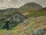 Gustav Wentzel, Jente ved seterbu i fjellandskap, Nord-Gudbrandsdalen, Olje på lerret