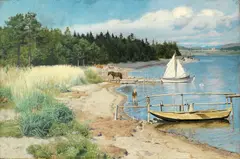 Andreas Bloch, Strandparti med lekende gutt, 1886, Olje på lerret