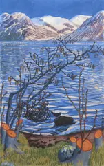 Nikolai Astrup, Fugl på sten, Fargetresnitt med håndkolorering