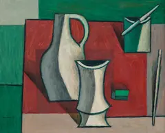 Lars Tiller, Oppstilling med vase, krukker og pensler, 1955, Olje på plate