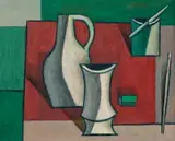 Lars Tiller, Oppstilling med vase, krukker og pensler, 1955, Olje på plate