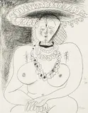 La Fille au Chapeau by Pablo Picasso, 1959, Litografi trykket i svart på middels tykt gulhvitt papir, sold May 2019