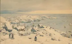 Hans Gude, Vinter i Loshavn ved Farsund, 1881, Blyant og akvarell på papir, lysmål
