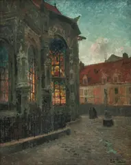 Frits Thaulow, Apsis til kirken St. Jacques, Dieppe. På vei til aftenmesse, Olje på lerret