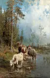 Anders Askevold, Kyr ved et vadested, 1887, Olje på lerret