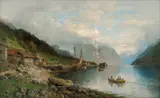 Anders Askevold, Fjordlandskap med folkeliv, 1894, Olje på lerret