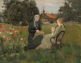 Eilif Peterssen, Fredrikke Gram og datteren Nicoline i hagen på Ask, Olje på lerret, oppklebet på plate