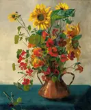 Andrea Gram Kleen, Solsikker og blomkarse i kobbervase, 1894, Olje på lerret