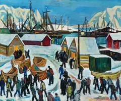 Fiskehavn i Lofoten by Reidar Aulie, 1933, Olje på lerret, sold Nov 2018