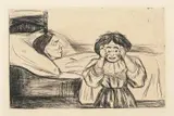 Edvard Munch, Den døde mor og barnet, Radering trykket i brunsvart på tykt, gulhvitt japanpapir