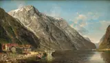 Anders Askevold, Fjordlandskap med folkeliv, 1888, Olje på lerret