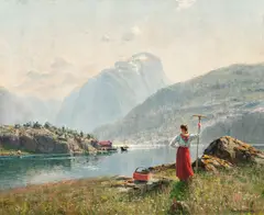 Hans Andreas Dahl, Fjordlandskap med folkeliv, Olje på lerret