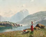 Hans Andreas Dahl, Fjordlandskap med folkeliv, Olje på lerret