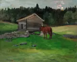 Hvilende hest, aftenlys by Christian Skredsvig, Olje på lerret, sold Jun 2018