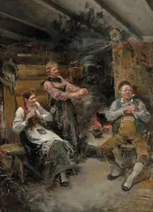 Interiør med folkeliv by Nils Bergslien, Olje på lerret, sold Jun 2018