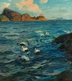 Thorolf Holmboe, Ærfugl ved Skroven, Reine fyrhus Lofoten, Olje på lerret