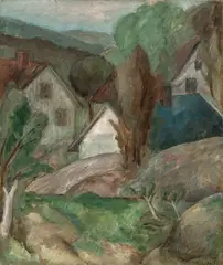 Ragnhild Keyser, Landskap med hus, Olje på lerret