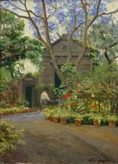 Juliane Langberg, Gartner vanner potteplanter, 1912, Olje på lerret