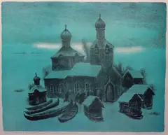 Vinterdag by Kaare Espolin Johnson, 1987, Litografi, lysmål, sold Jun 2018