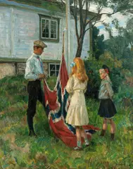 Thorolf Holmboe, Barn heiser det norske flagg, 1910, Olje på lerret