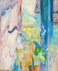 Thorvald Erichsen, Potteplante i vindu, 1924, Olje på tykt hvitt papir, oppklebet på lerret