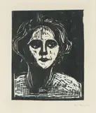 Edvard Munch, Kvinnehode, Tresnitt trykket trolig i to farger svart og lys beige på tykt, riflet gulhvitt papir