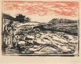 Edvard Munch, Klesvask ved vannkanten, Tresnitt trykket i to farger, rødt og svart, på middels tykt gulhvitt papir