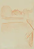Edvard Munch, Kiøsterudgården, Åsgårdstrand, Fargestift, rødbrun, tegnet på middels tykt, grågrønt papir